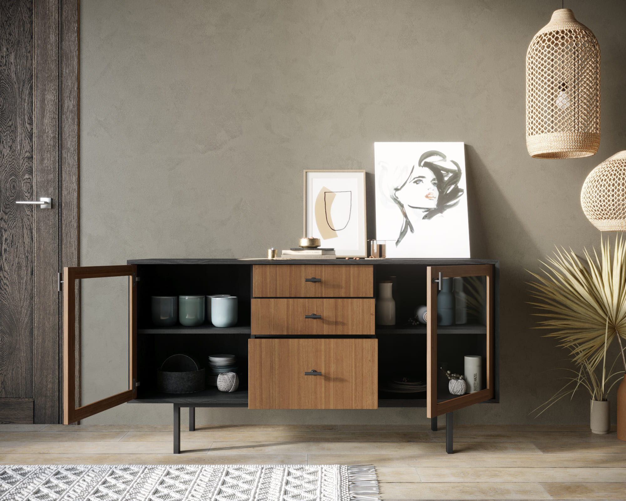 Комод две стеклянные дверки и три ящика "Emerson"