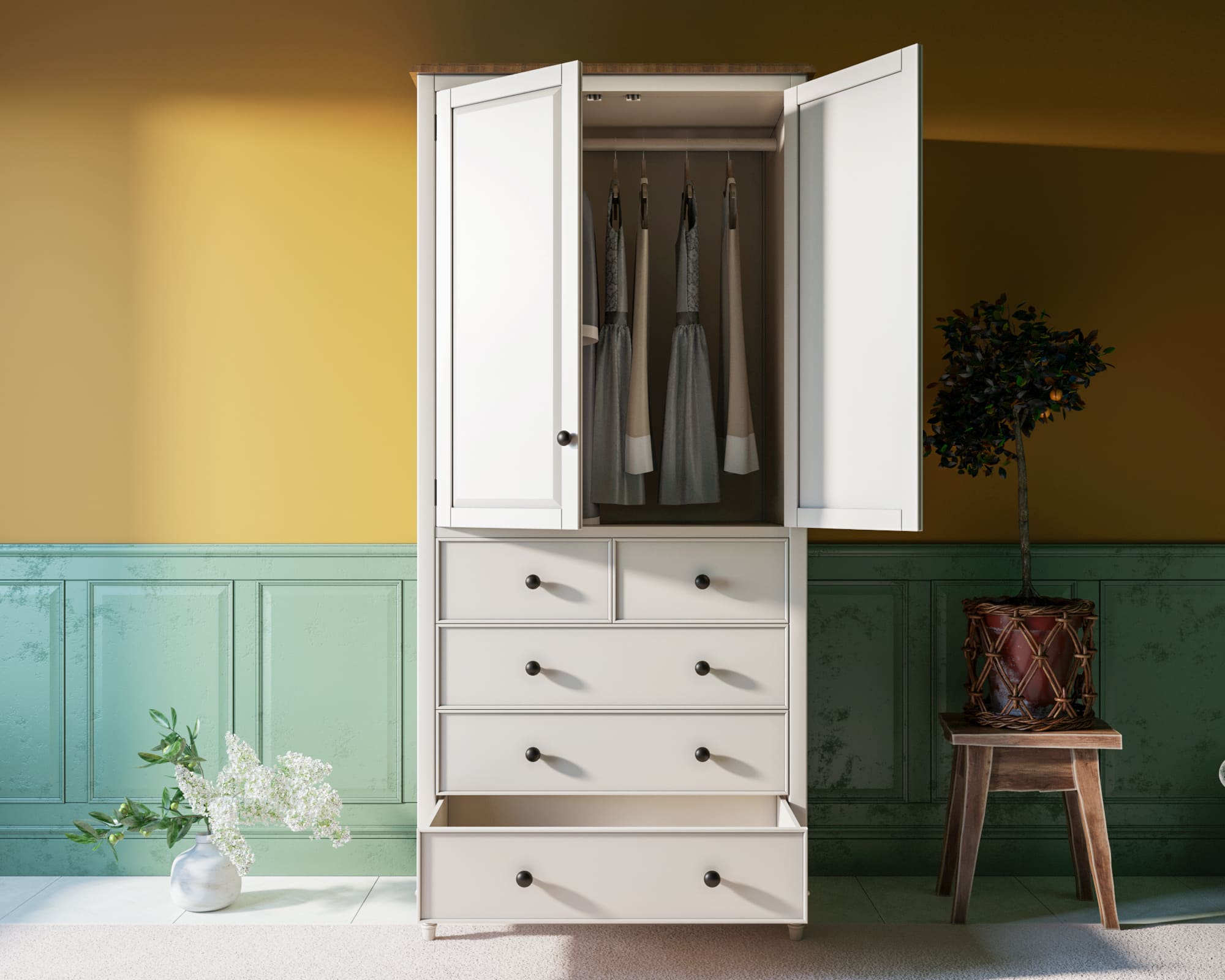 Шкаф с 5 ящиками белый на ножках двухстворчатый «Odri"