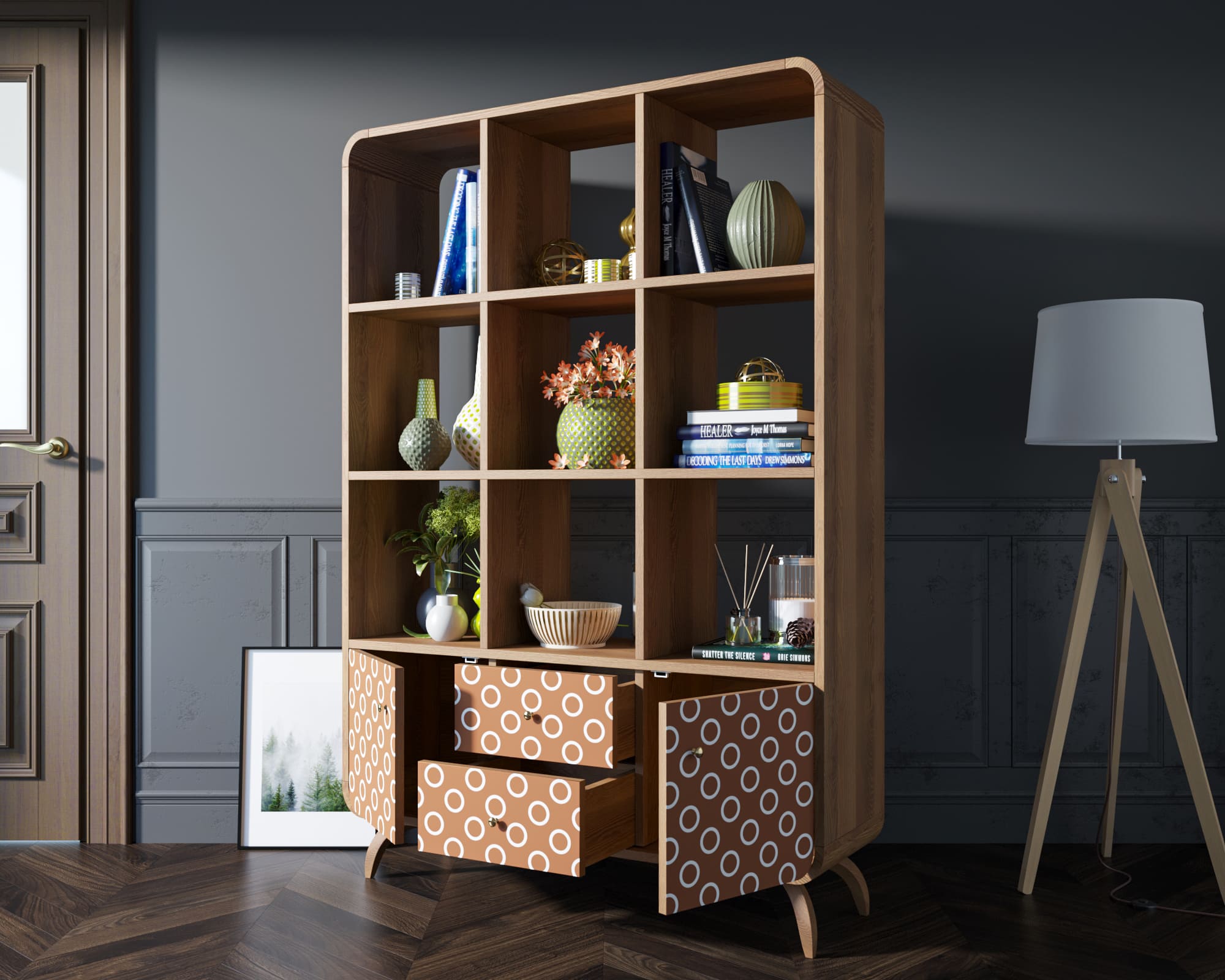 Стеллаж с ящиками дерево "Ellipse" принт 3