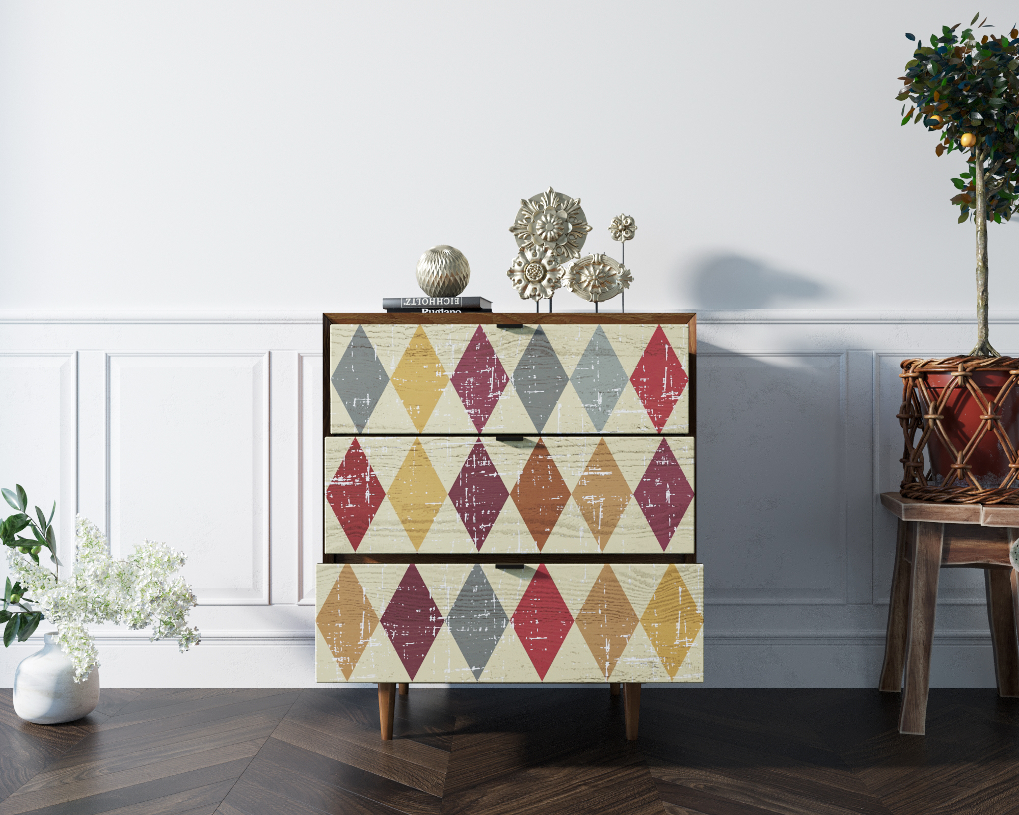 Комод массив дерева в Скандинавском стиле "Bruni print" на три ящика