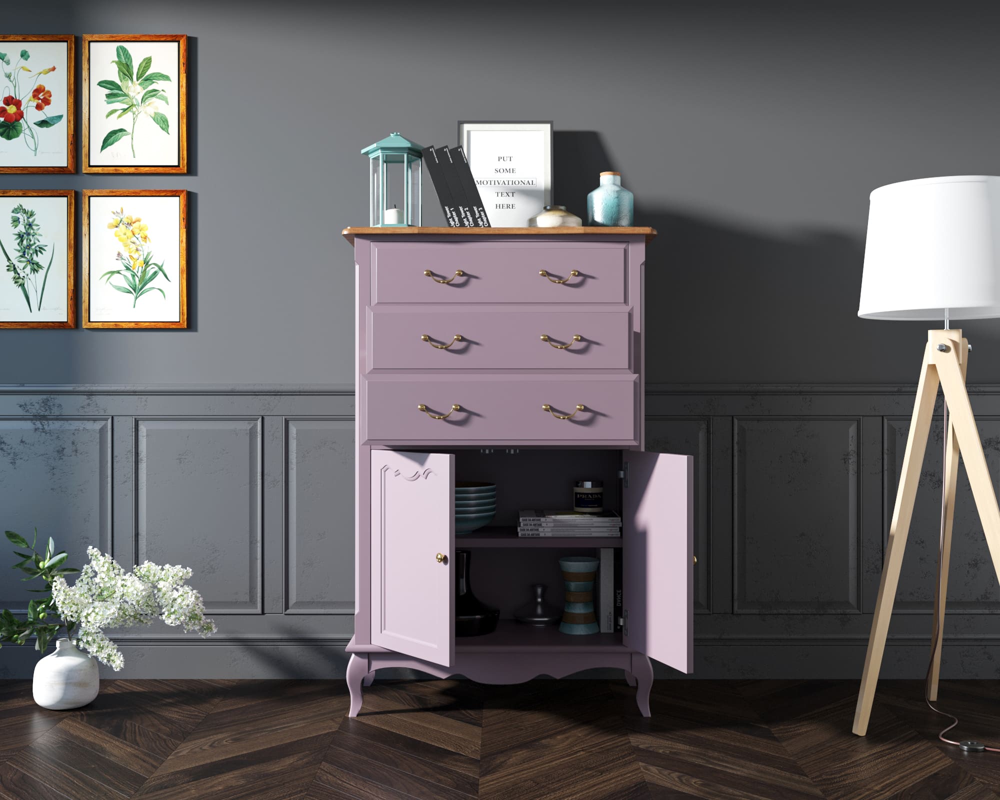 Комод деревянный Leontina Lavanda три ящика две дверки арт ST9354L