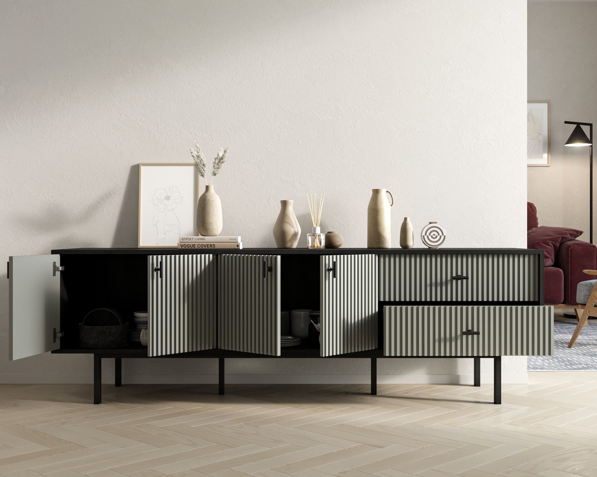 Комод с четырьмя дверками и двумя ящиками "Emerson" арт EM04/gray/L