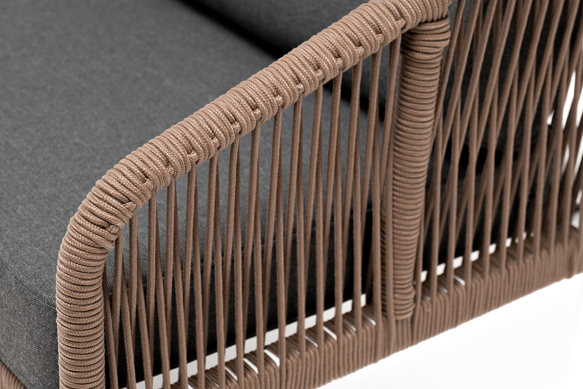 "Каннизо" диван 2-местный плетеный из роупа, каркас алюминий белый, роуп коричневый круглый, ткань серая
