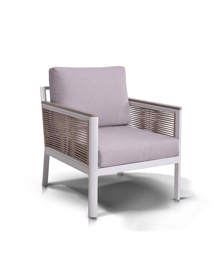 "Сан Ремо" кресло плетеное из роупа садовое, каркас алюминий белый, роуп бежевый, ткань бежевая